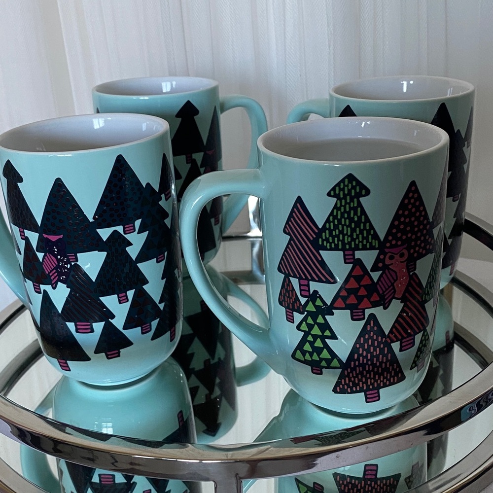 David’s Tea Trees/Owls Pattern Ceramic Mugs - Set of 4
